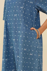 GY8938 Mid Denim Girls Polka Dot And Bow Print Denim Dress Detail