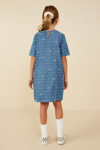 GY8938 Mid Denim Girls Polka Dot And Bow Print Denim Dress Back