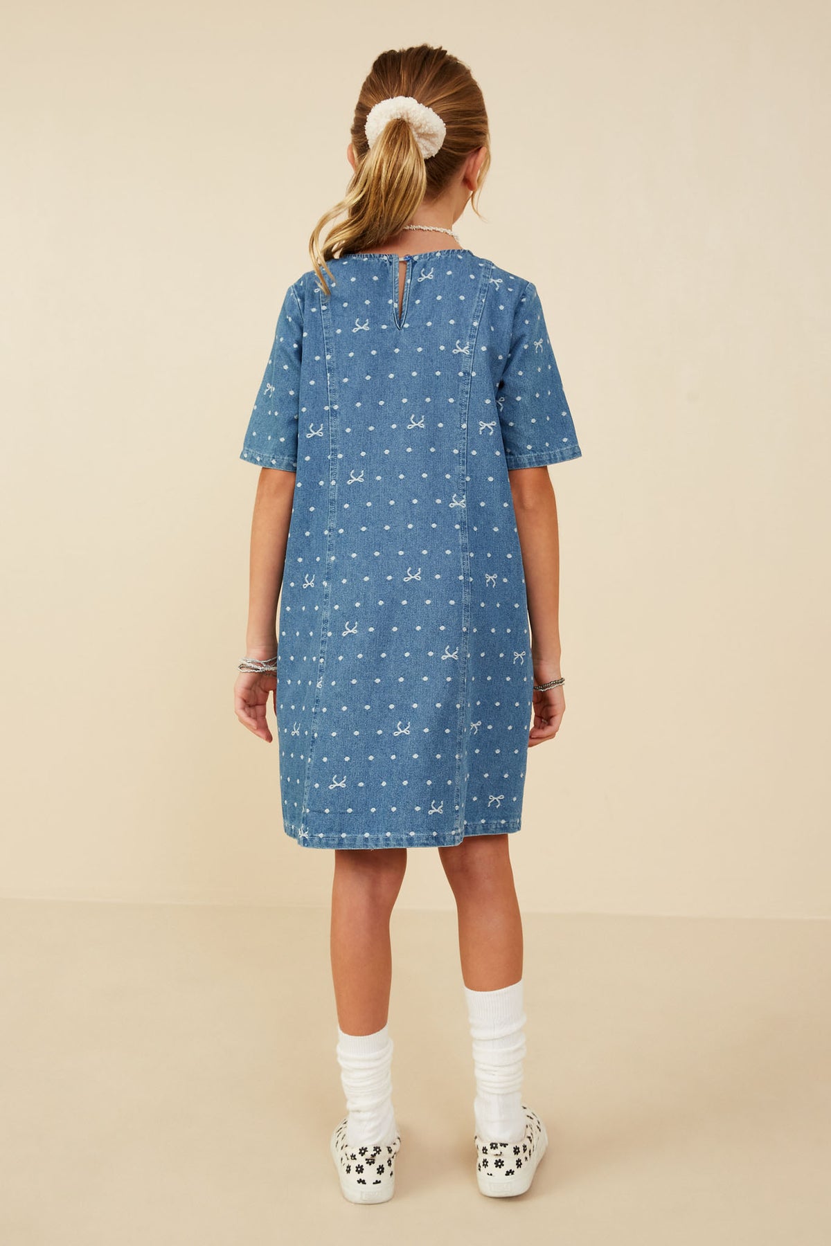 Girls Denim Polka Dot And Bow Dress