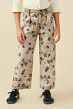 GY8950 Mocha Girls Floral Printed Washed Wide Leg Pants Front