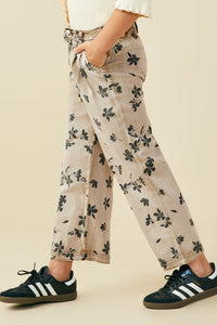 GY8950 Mocha Girls Floral Printed Washed Wide Leg Pants Side