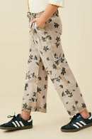 GY8950 Mocha Girls Floral Printed Washed Wide Leg Pants Side