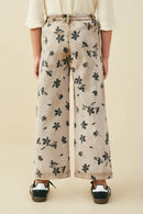 GY8950 Mocha Girls Floral Printed Washed Wide Leg Pants Back
