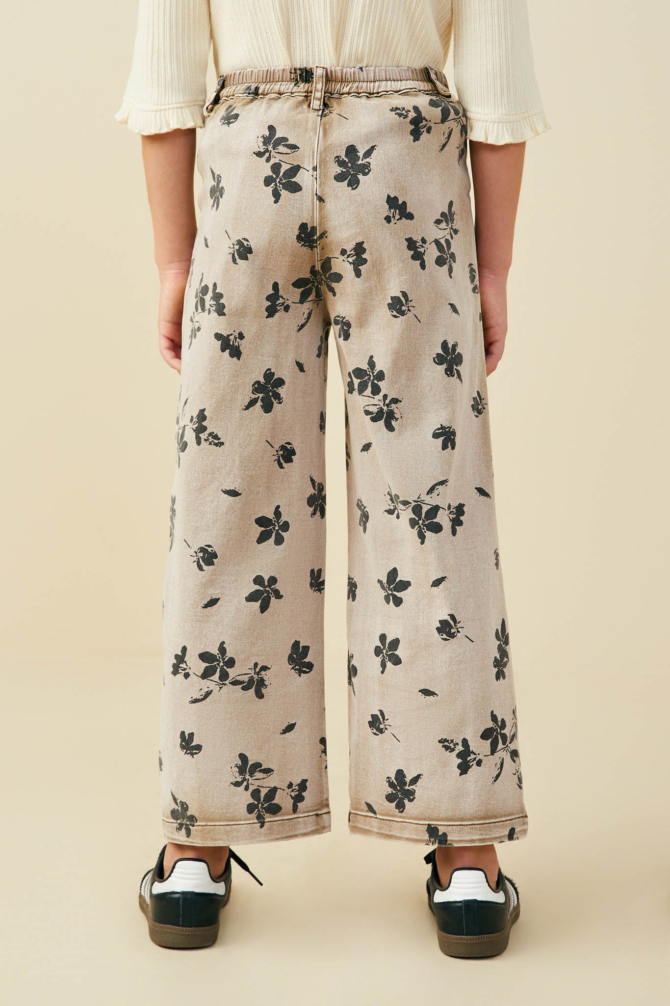 GY8950 Mocha Girls Floral Printed Washed Wide Leg Pants Back