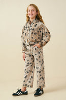 GY8950 Mocha Girls Floral Printed Washed Wide Leg Pants Pose