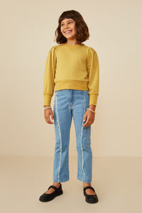 GY8954 Mustard Girls Exaggerated Cuff Pleated Shoulder Sweatshirt Pose