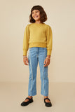 GY8954 Mustard Girls Exaggerated Cuff Pleated Shoulder Sweatshirt Pose