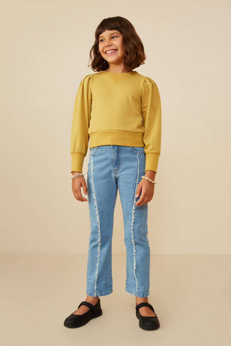 GY8954 Mustard Girls Exaggerated Cuff Pleated Shoulder Sweatshirt Pose