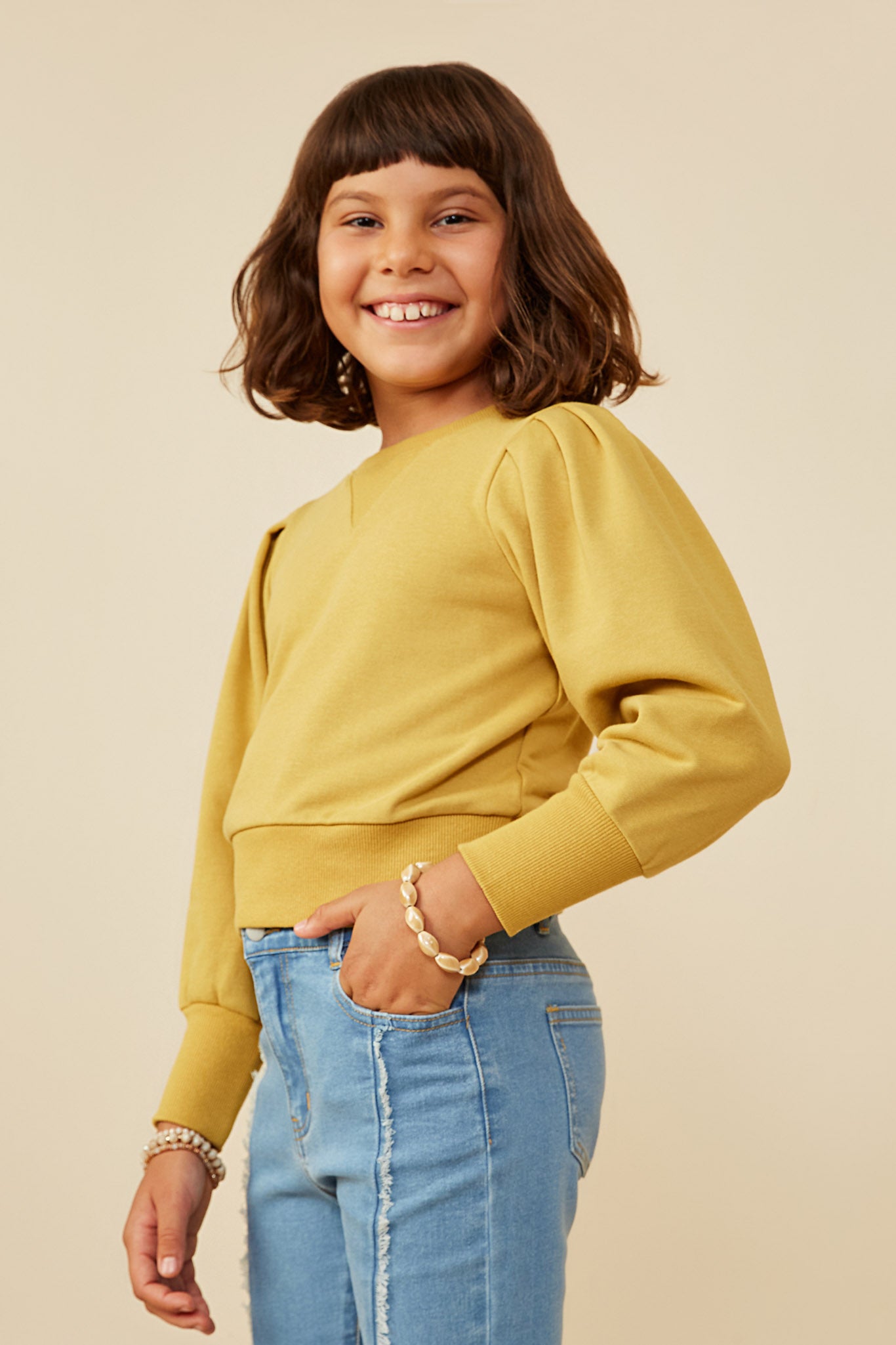 GY8954 Mustard Girls Exaggerated Cuff Pleated Shoulder Sweatshirt Side