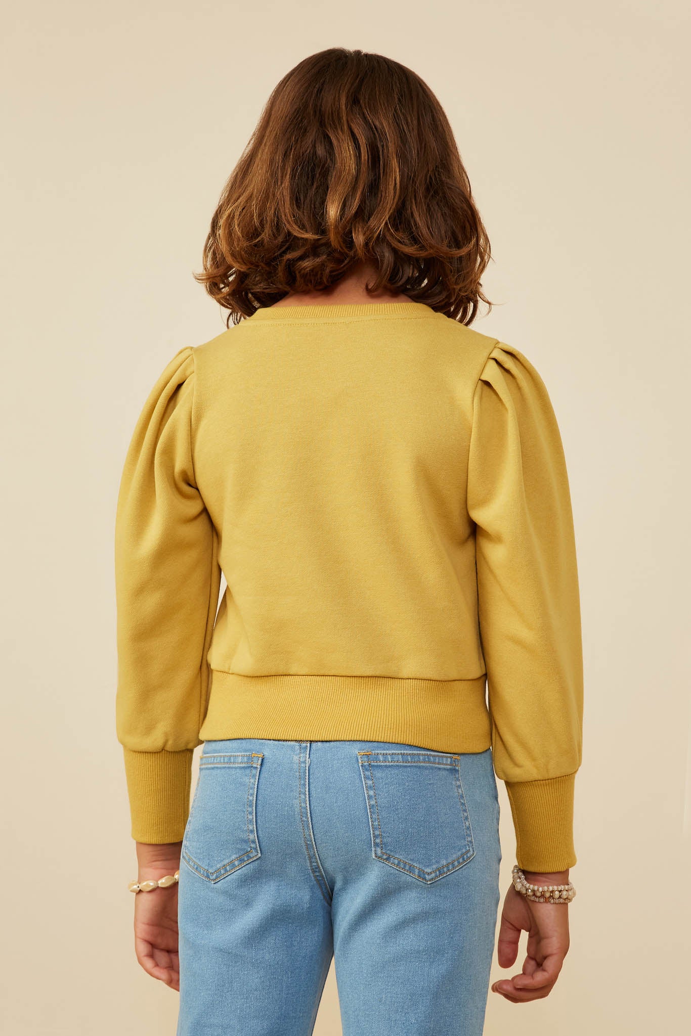 GY8954 Mustard Girls Exaggerated Cuff Pleated Shoulder Sweatshirt Back