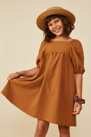 GY8956 Camel Girls Embossed Floral Square Neck Dress Front