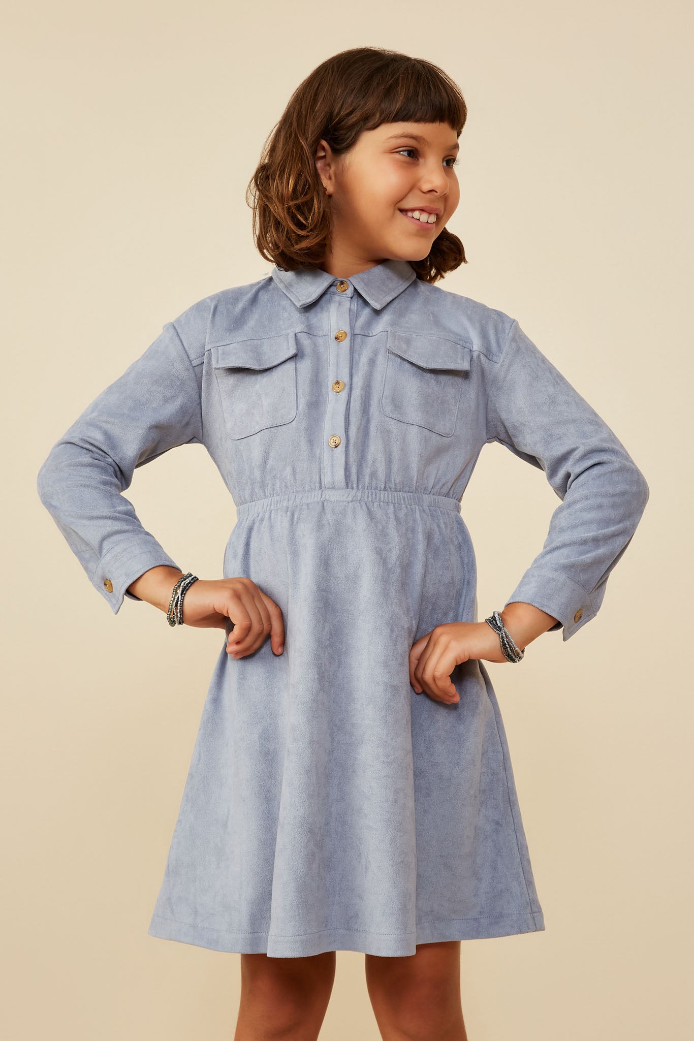 Girls Chest Pocket Collared Vegan Dress
