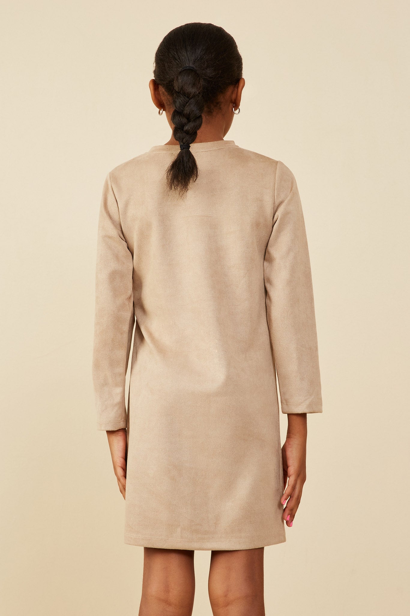 GY8987 SAND Girls Vegan Suede Side Tie Dress Back