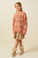 GY8993 Rust Mix Girls Ultra Soft Multicolor Stripe Pullover Sweater Pose