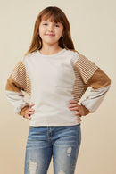 GY8999 Taupe Girls Stripe And Color Block Sleeve Detail Knit Top Front