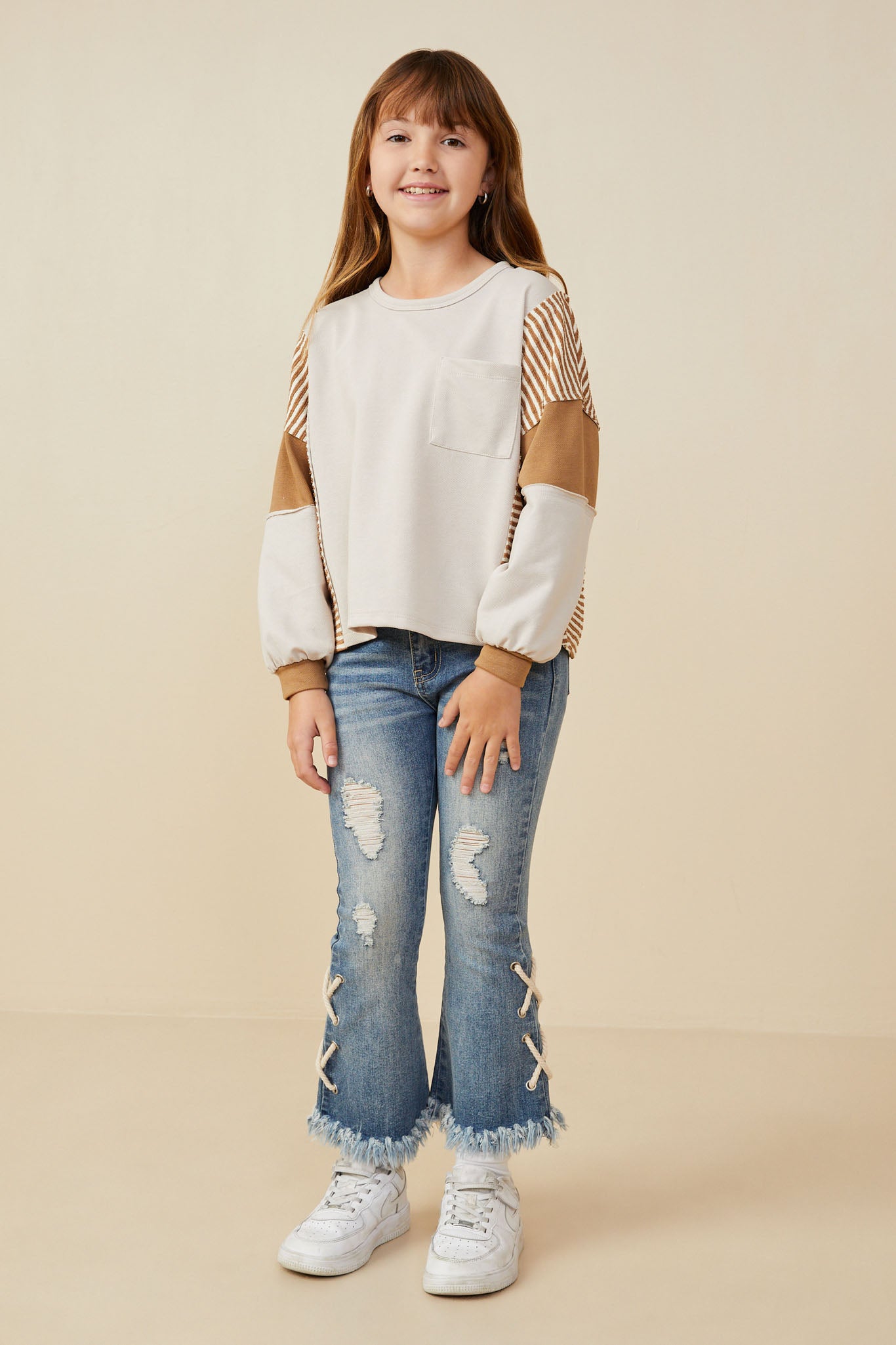 Stripe And Color Block Sleeve Detail Knit Top