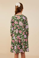 GY9010 Olive  Girls Romantic Floral Smocked Cuff Dress Back