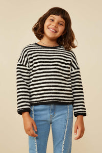 GY9011 Black White Girls Fuzzy Fleece Striped Long Sleeve Top Front