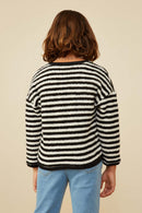 GY9011 Black White Girls Fuzzy Fleece Striped Long Sleeve Top Back