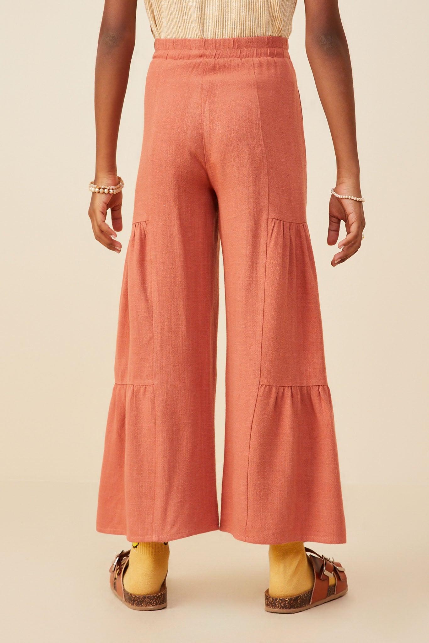 GY9014 Brick Girls Gathered Detail Belted Textured Wide Leg Pants Back