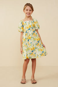 GY9025 Yellow Girls Garden Floral Print Puff Sleeve Dress Pose