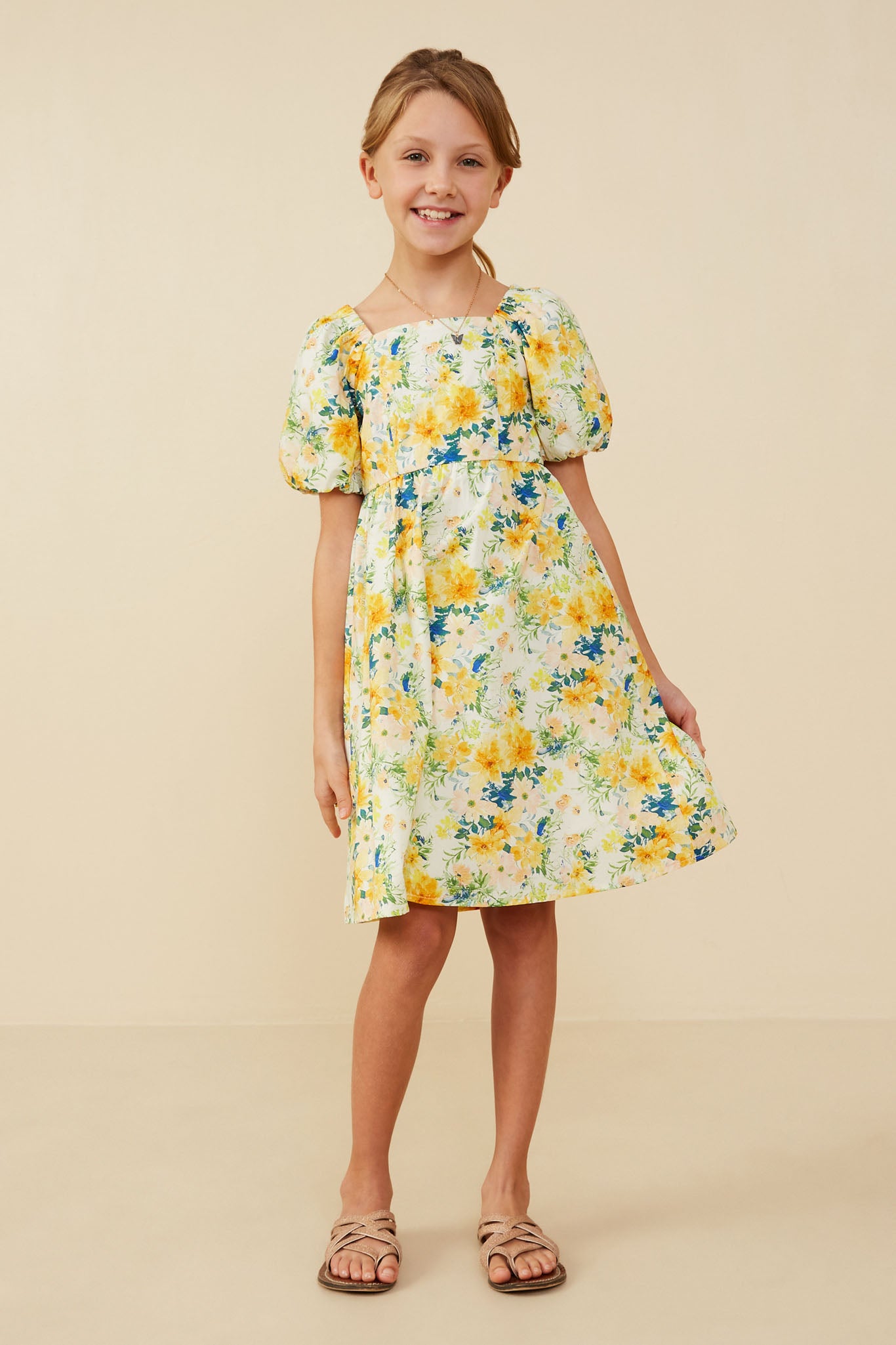 Garden Floral Print Puff Sleeve Dress