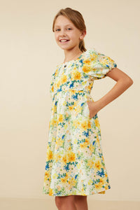 GY9025 Yellow Girls Garden Floral Print Puff Sleeve Dress Side