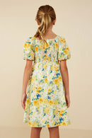 GY9025 Yellow Girls Garden Floral Print Puff Sleeve Dress Back