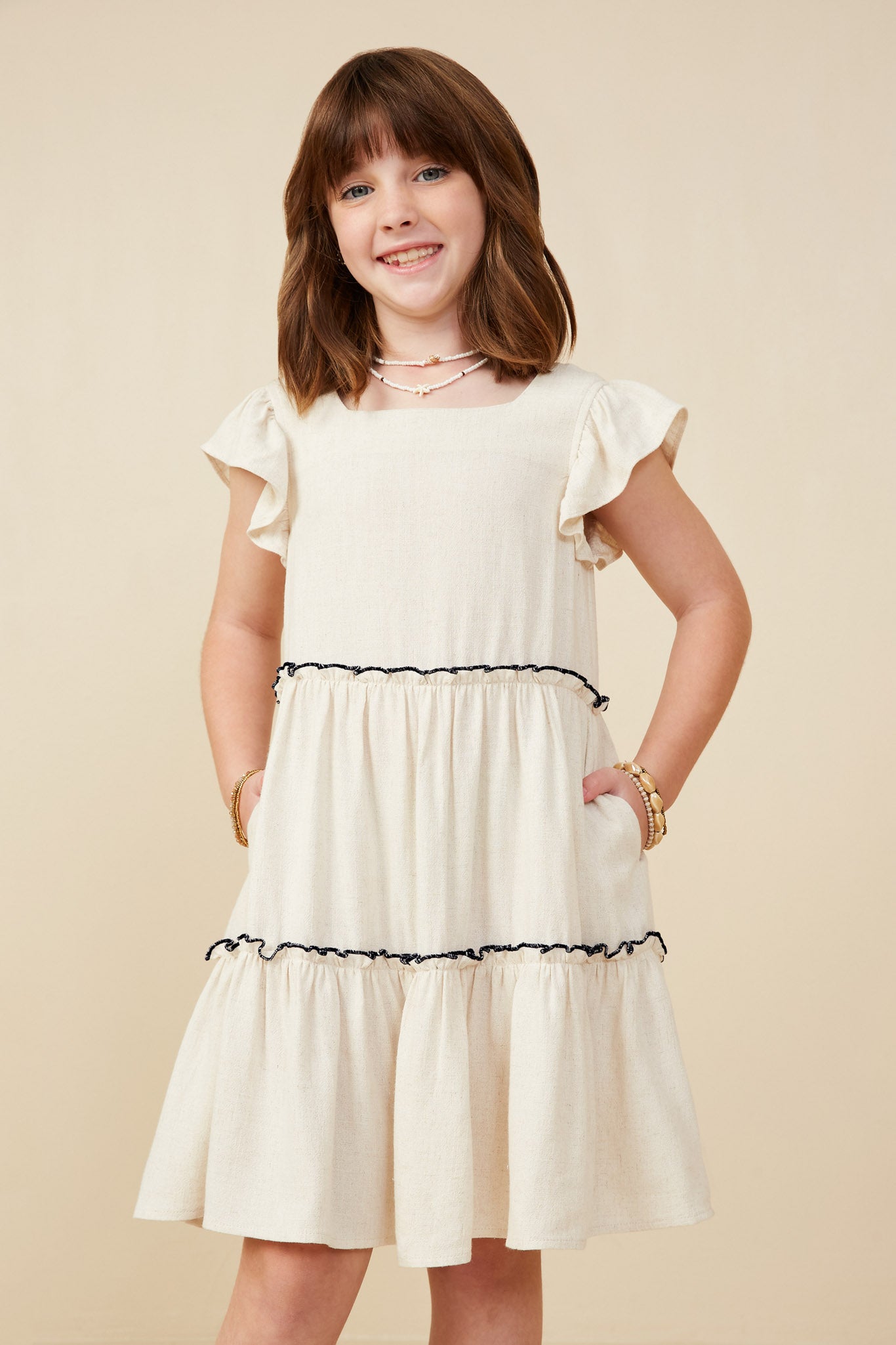 Contrast Stitched Square Neck Ruffle Dress