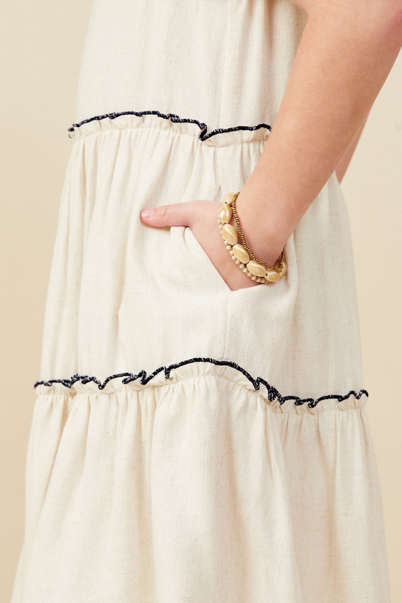 GY9029 Oatmeal Girls Contrast Stitched Square Neck Ruffle Dress Detail