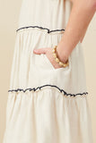 GY9029 Oatmeal Girls Contrast Stitched Square Neck Ruffle Dress Detail