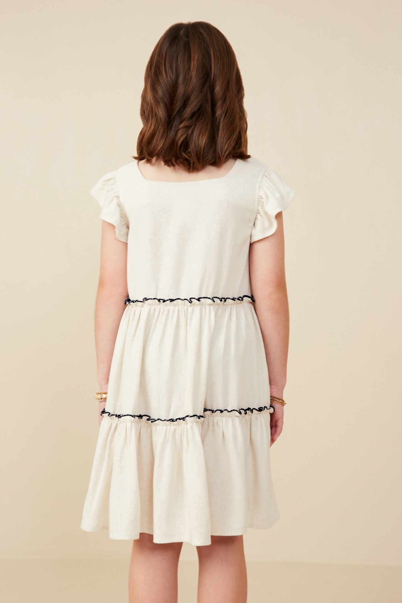 GY9029 Oatmeal Girls Contrast Stitched Square Neck Ruffle Dress Back