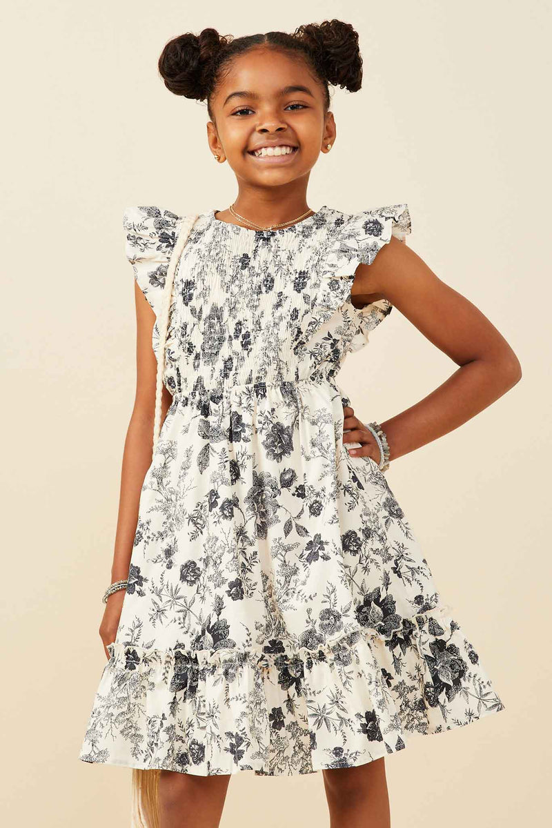 GY9032 Black Girls Antique Floral Smock And Ruffle Dress Front