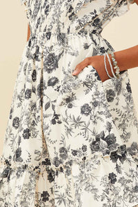 GY9032 Black Girls Antique Floral Smock And Ruffle Dress Detail