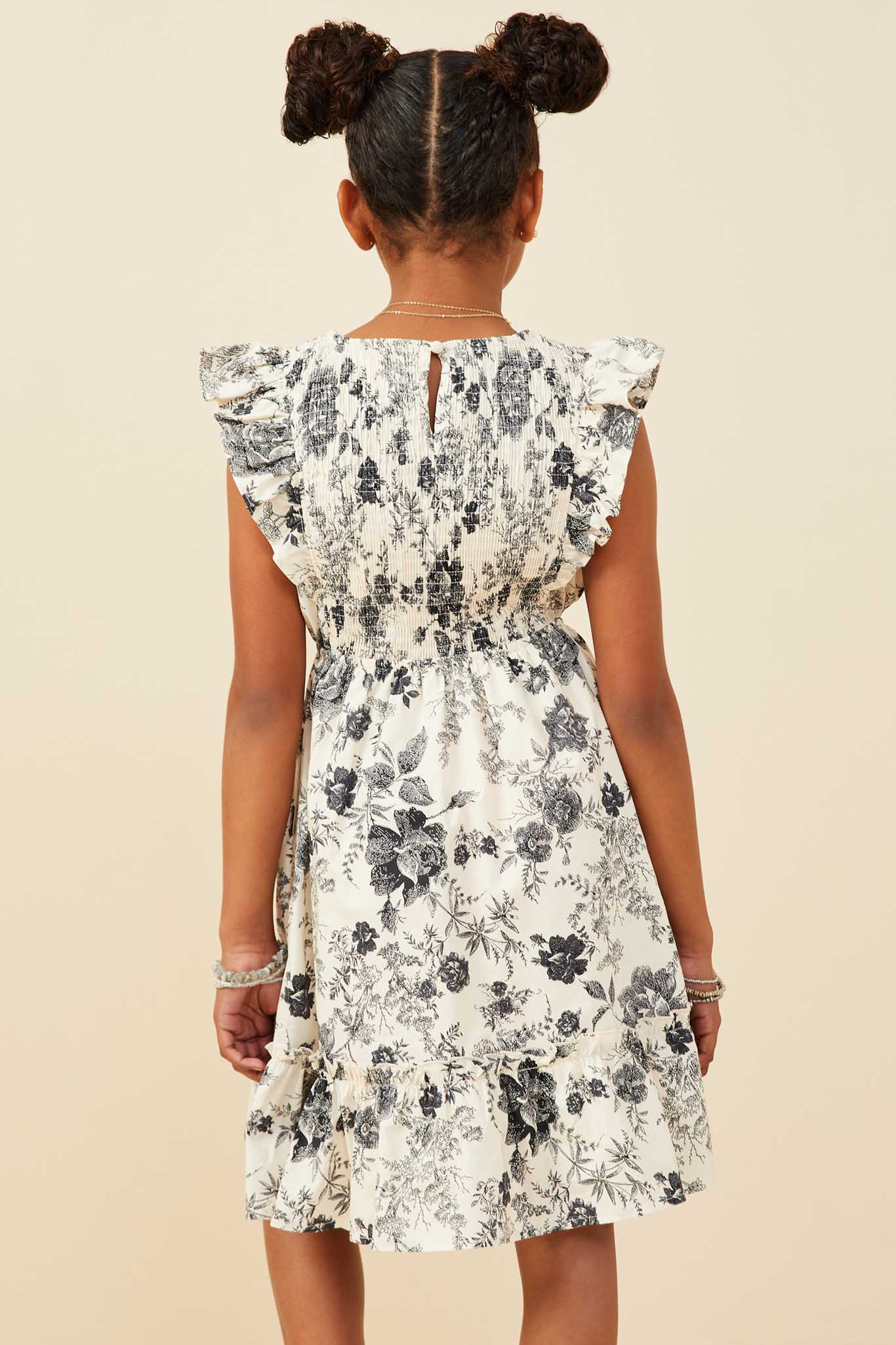 GY9032 Black Girls Antique Floral Smock And Ruffle Dress Back