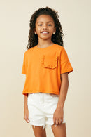 GY9035 Orange Girls Ruffle Pocket Knit T Shirt Front