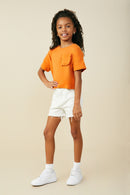 GY9035 Orange Girls Ruffle Pocket Knit T Shirt Pose