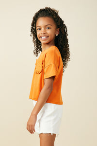 GY9035 Orange Girls Ruffle Pocket Knit T Shirt Side
