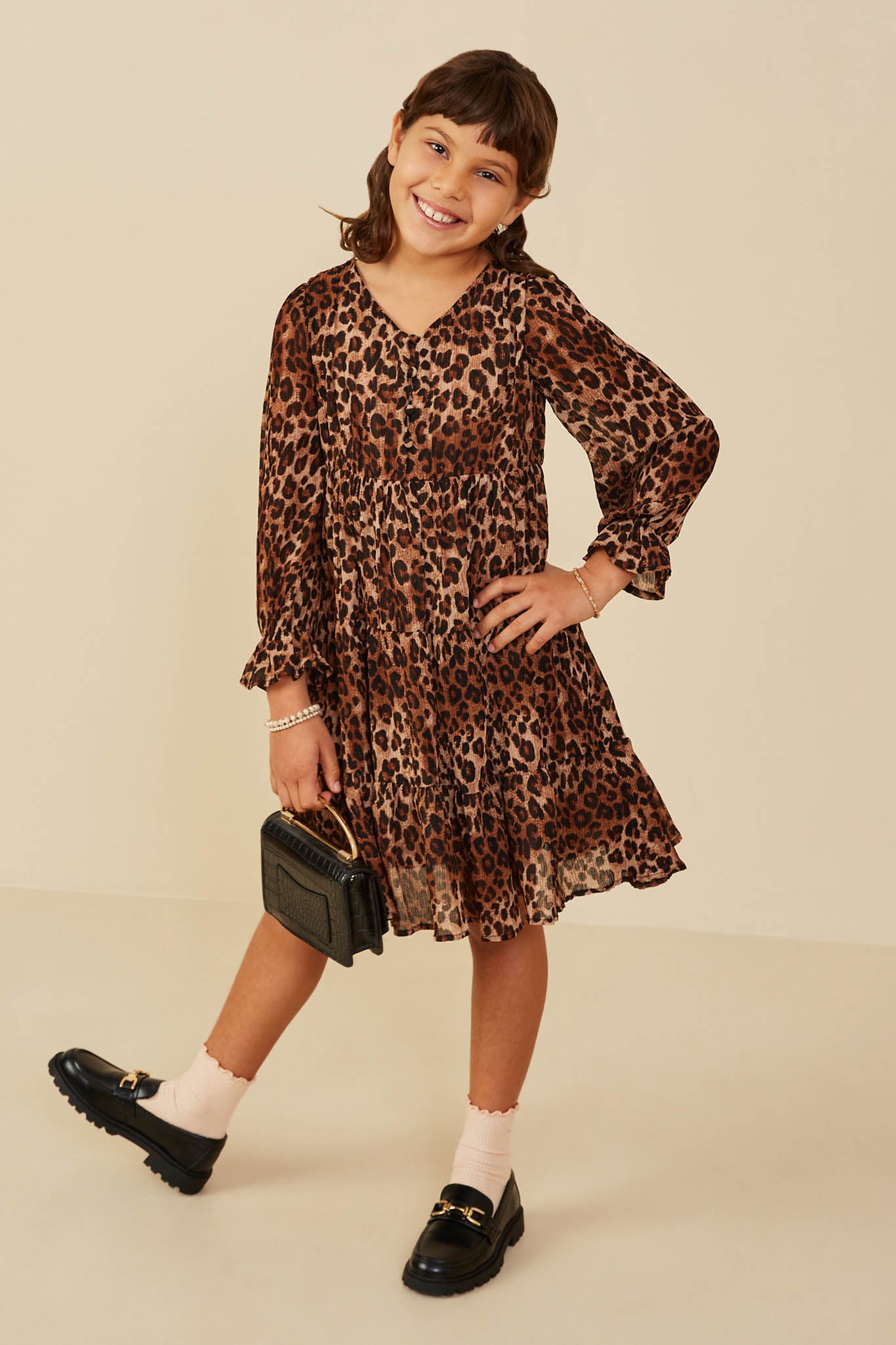 Leopard Print Cinch Cuff Tiered V Neck Dress