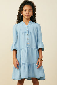 GY9054 Light Denim Girls Washed Button Detail Ruffle Sleeve Tencel Dress Front