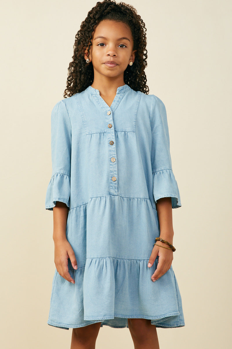GY9054 Light Denim Girls Washed Button Detail Ruffle Sleeve Tencel Dress Front