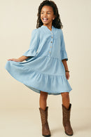 GY9054 Light Denim Girls Washed Button Detail Ruffle Sleeve Tencel Dress Pose