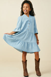 GY9054 Light Denim Girls Washed Button Detail Ruffle Sleeve Tencel Dress Pose