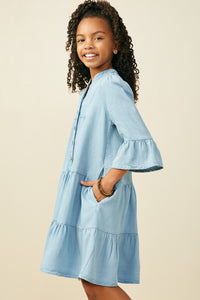 GY9054 Light Denim Girls Washed Button Detail Ruffle Sleeve Tencel Dress Side