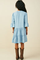 GY9054 Light Denim Girls Washed Button Detail Ruffle Sleeve Tencel Dress Back