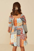 GY9057 Rust Mix Girls Quilted Animal Print Smocked Peasant Sleeve Dress Back