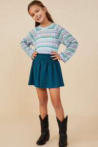 GY9069 Teal Girls Textured Smocked Waist Skirt Pose