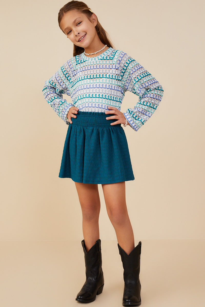 GY9069 Teal Girls Textured Smocked Waist Skirt Pose
