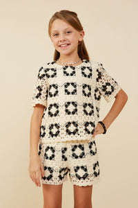 GY9076 Oatmeal Girls Quilted Crochet Short Sleeve Tee Front 2