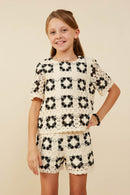 GY9076 Oatmeal Girls Quilted Crochet Short Sleeve Tee Front 2